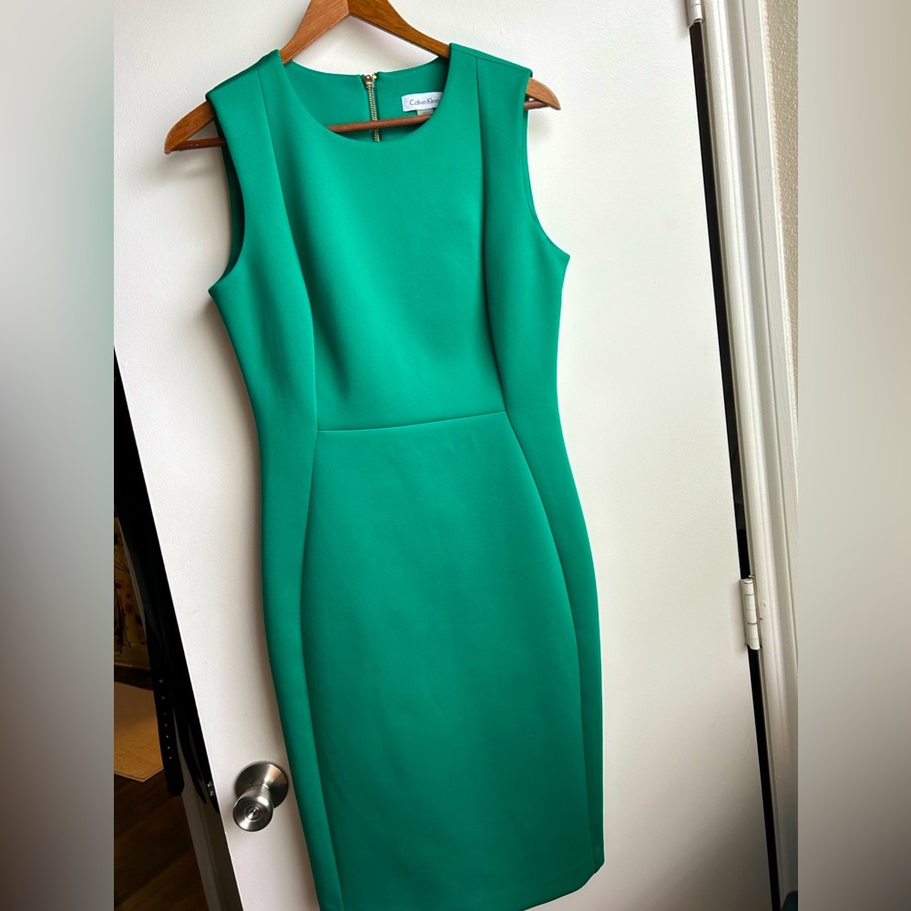 Green Calvin Klein sleeveless sheath dress